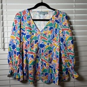 Tuckernuck Cabana Print Easton Blouse Ruffle Sleeve Top Sz S Coastal Preppy